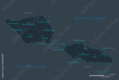 Samoa map. High detailed map of Samoa with countries, borders, cities, water objects. Vector illustration EPS10