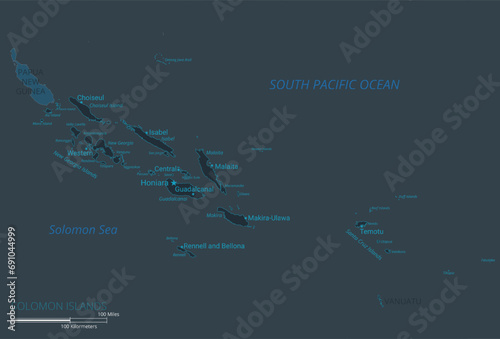 Solomon Islands map. High detailed map of Solomon Islands with countries, borders, cities, water objects. Vector illustration EPS10