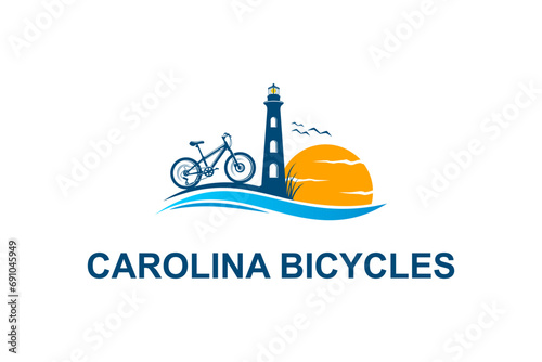 Cycling sport logo on the north carolina coast, with sunset views and lighthouse building. photo