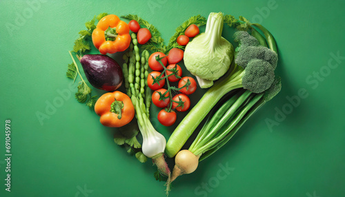 Heartshaped fresh veggies on a green backdrop. photo