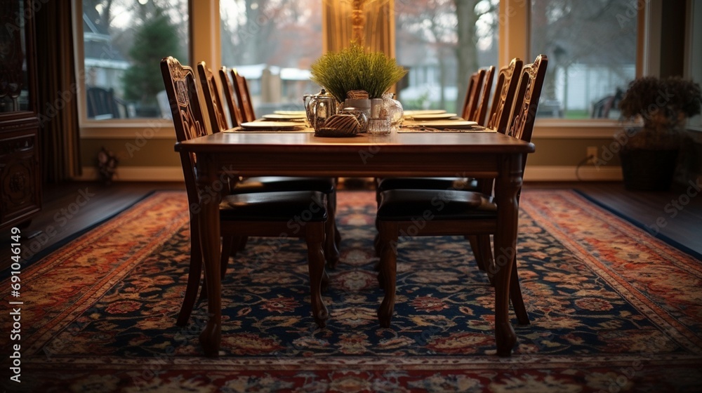 a picture of a vintage, Persian-style carpet in a well-lit dining room