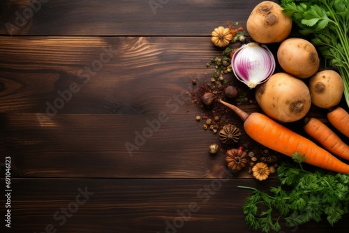 Wooden dark background, onions, cherry tomatoes, tomatoes, carrot 
