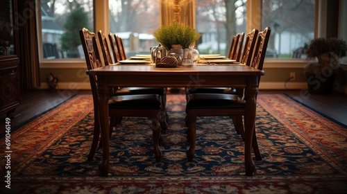 a picture of a vintage  Persian-style carpet in a well-lit dining room