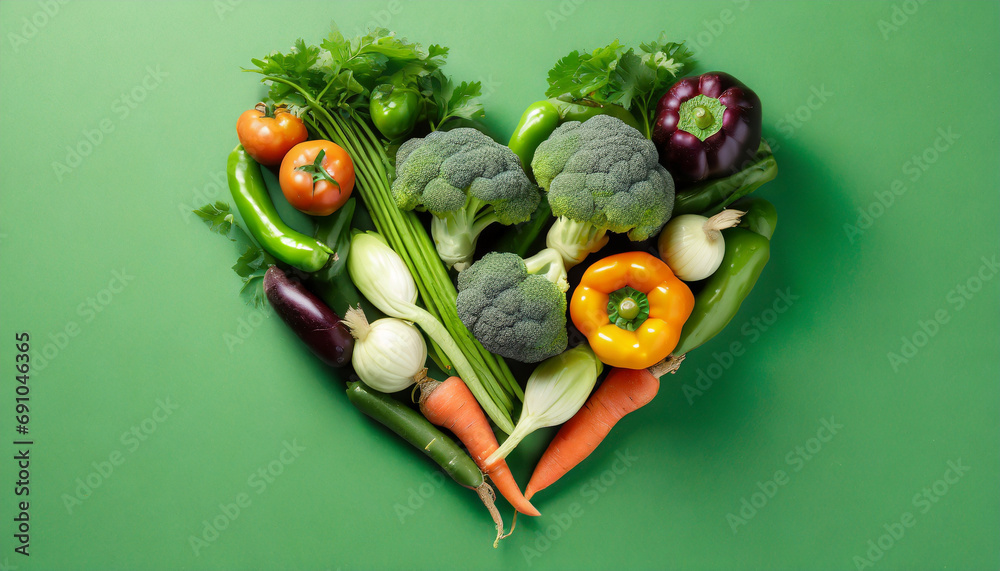 Heartshaped fresh veggies on a green backdrop.