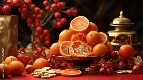 Decorations for Chinese New Year made from red packets  oranges and gold ingots with the character  fu  meaning fortune  good luck  wealth and money flow. 