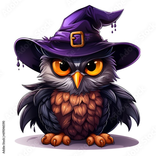 Cartoon Owl Wearing Purple Witch Hat