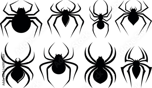 spider silhouettes. Spiderweb for Halloween design. Spider web elements, black Illustration in various themes. Hand drawn collection V3. photo