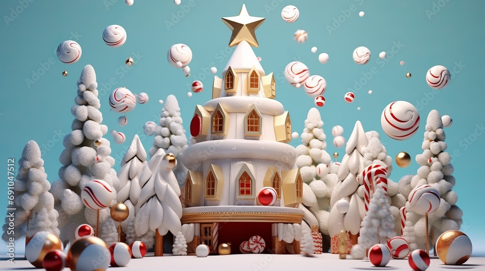 Fototapeta Modern Christmas tree in minimalist 3D illustration style. Christmas spirit. Holiday decorations. 