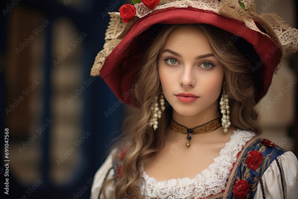 Cute young beautiful French woman in national costume