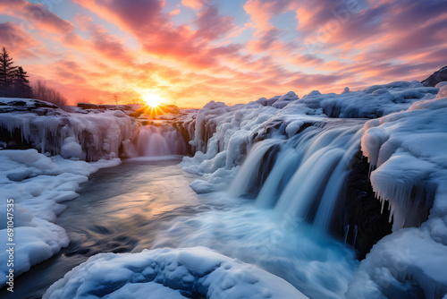 Eiskalter Zauber: Winterliche Langzeitbelichtung eines majestätischen Wasserfalls in der Berglandschaft