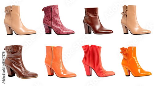 Set of pair of women's boots, high heels, on a white background, png