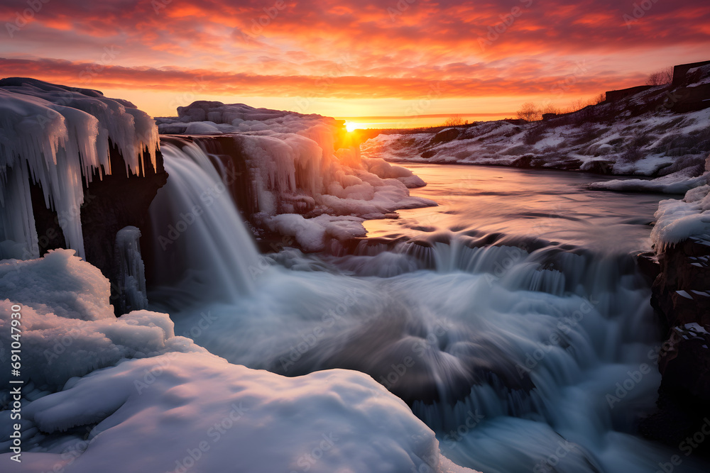 Eiskalter Zauber: Winterliche Langzeitbelichtung eines majestätischen Wasserfalls in der Berglandschaft