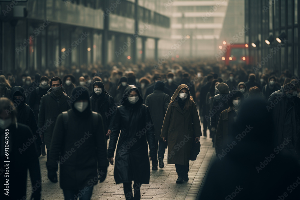 anonymous crowd of people walking on a city street - obrazy, fototapety, plakaty 