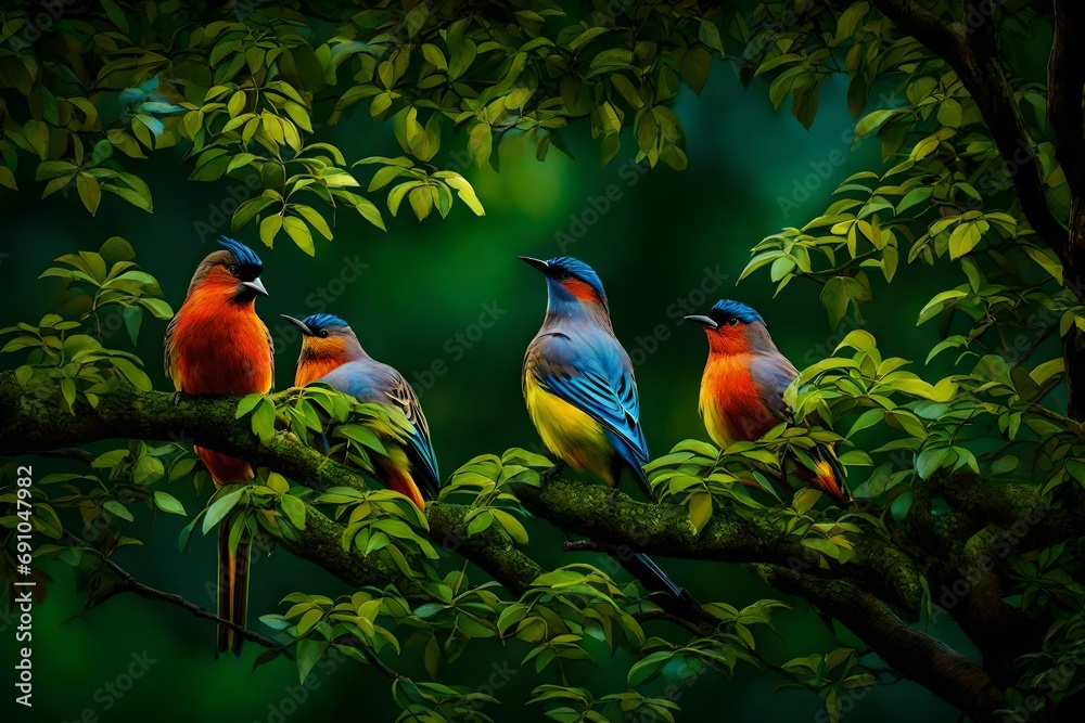 Obraz premium A tranquil sight of chirping birds nestled among lush, leafy branches, beautifully illuminated to highlight their vivid plumage and the lushness of the trees 
