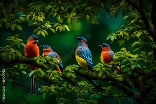 A tranquil sight of chirping birds nestled among lush, leafy branches, beautifully illuminated to highlight their vivid plumage and the lushness of the trees  photo