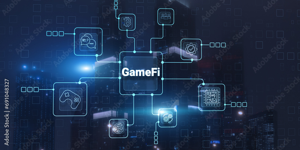 Fototapeta premium Gamefi concept. Game decentralized finance. Blockchain game