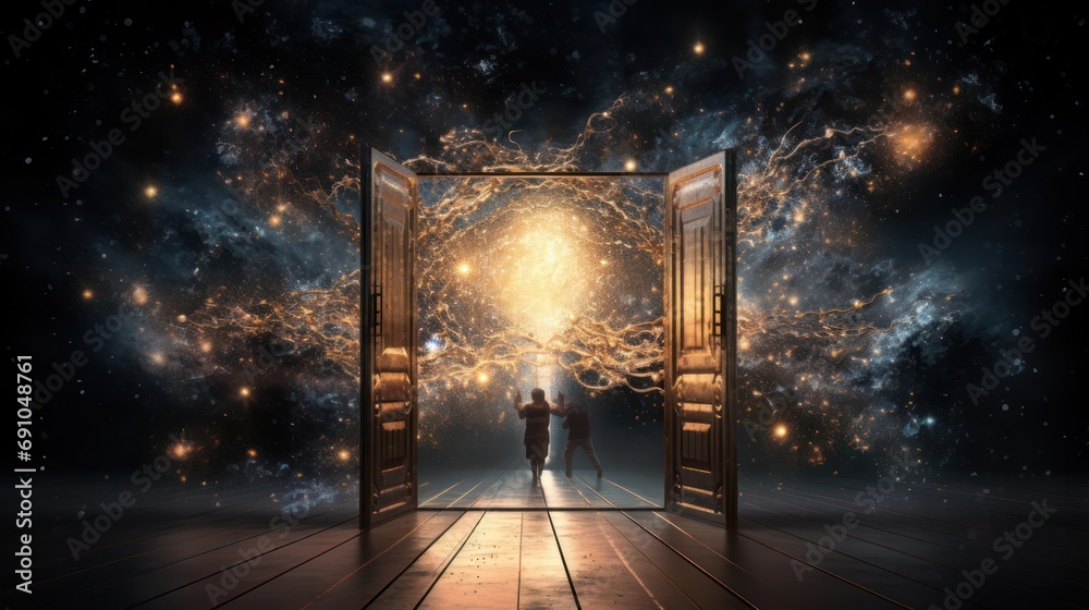 Interconnected internet particle particle world, through a door ...