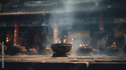 In front of an ancient temple, Chinese people piously burn incense and pray for blessings, and the atmosphere is solemn and solemn, capture photography, photo grade, FHD, high detail  photo
