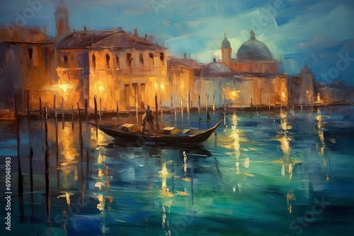 night landscape to venice, painting by oil on plywood, Generative AI  photo