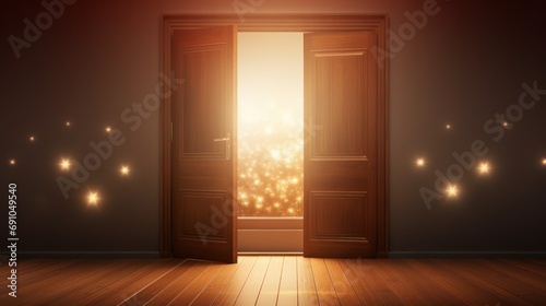 Open door with symbols representing different areas of IT behind it. New start, photo realistic, Bright lights, welcoming