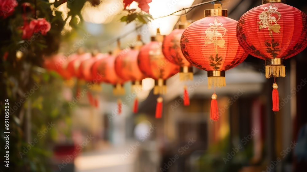 Red and gold lanterns hanging on a street, in the style of eastern and western fusion, feminine sensibilities, pretty, captivating Red and gold lanterns hanging on a street, in the style of eastern and western fusion, feminine sensibilities, pretty, captivating