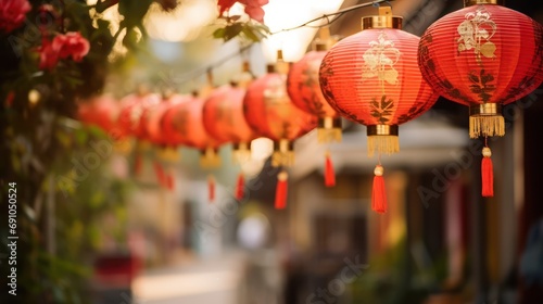 Red and gold lanterns hanging on a street, in the style of eastern and western fusion, feminine sensibilities, pretty, captivating  photo