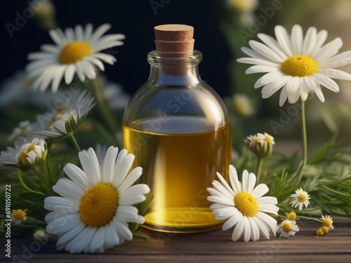 A tranquil image featuring essential Chamomile oil and blossoming Chamomile flowers, emphasizing natural remedies for relaxation, skincare, and holistic wellness in a peaceful setting