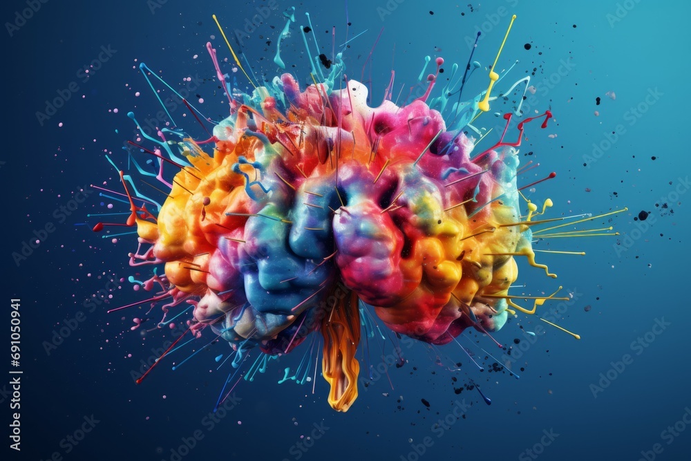 Creative art brain explodes with paints with splashes on a blue background, concept idea - obrazy, fototapety, plakaty 