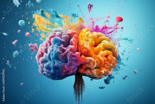 Creative art brain explodes with paints with splashes on a blue background, concept idea