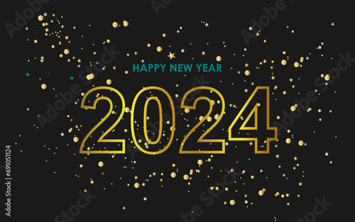 Happy New Year 2024. Golden decorative text. Abstract background design