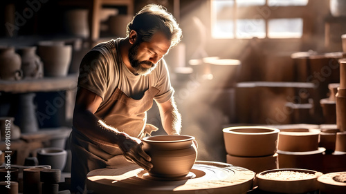 Sunlit studio captures a potter's skilled hands shaping wet clay on a spinning wheel. The interplay of light and shadow accentuates the textures, revealing the beauty in crafting, handmade pottery.