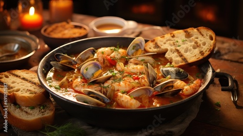 Closeup of Bouillabaisse Seafood Soup. Generative Ai. photo