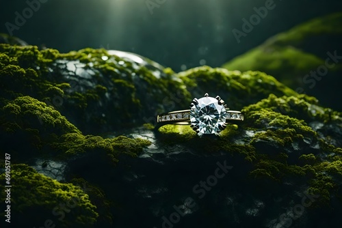  A diamond ring on a mossy rock, connecting nature and luxury