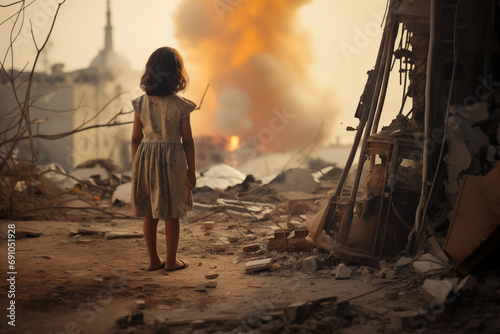The little orphan girl is crying in front of building destroyed by a missile attack photo