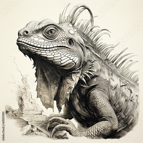 Iguana on rock, unusual spectacular reptile, black and white drawing, engraving style, close-up portrait photo