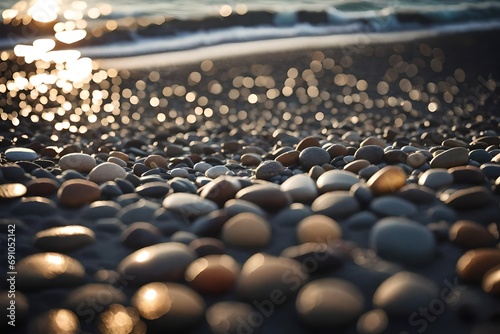 A close-up of a pebble-strewn beach, with gentle waves washing ashore photo