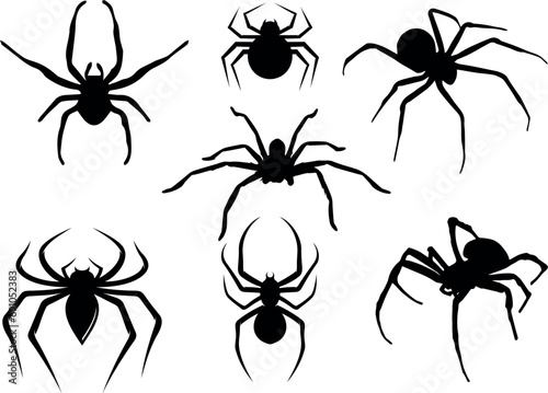 spider silhouettes. Spiderweb for Halloween design. Spider web elements, black Illustration in various themes. Hand drawn collection.