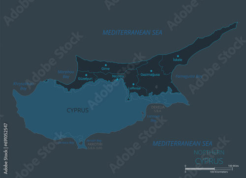 Northern Cyprus map. High detailed map of Northern Cyprus with countries, borders, cities, water objects. Vector illustration EPS10