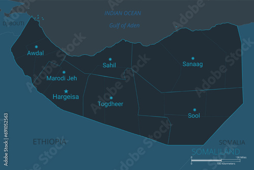 Somaliland map. High detailed map of Somaliland with countries, borders, cities, water objects. Vector illustration EPS10