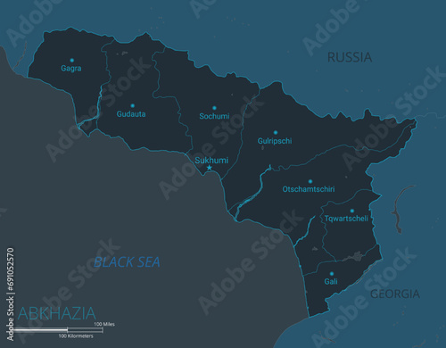 Abkhazia map. High detailed map of Abkhazia with countries, borders, cities, water objects. Vector illustration EPS10