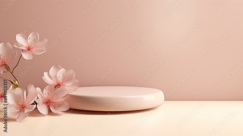 3D display, podium beige background. Pastel pink flower petals falling. . Nature minimal pedestal for beauty, cosmetic product presentation. Feminine copy space. Template stand., luxury, 