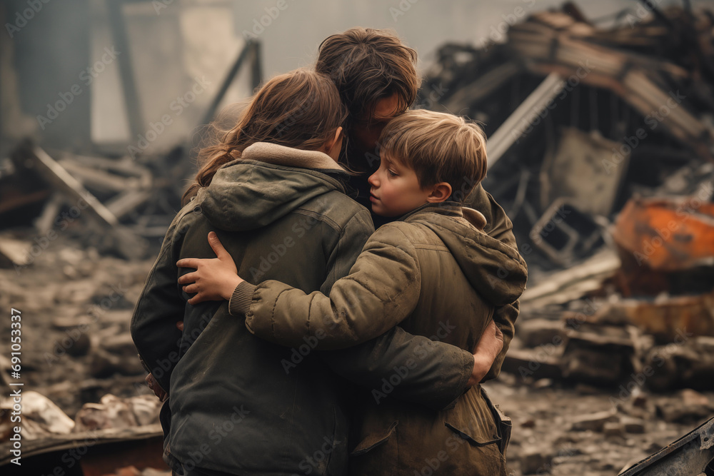 A mother and two children hugging and cryiyng in front of their destroyed home - obrazy, fototapety, plakaty 