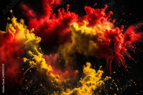 Red and yellow colored powder explosions on black background. Holi paint powder splash in colors of Spanish flag