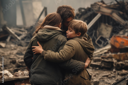 A mother and two children hugging and cryiyng in front of their destroyed home