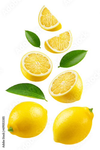 Lemon isolated set. Collection of lemons, halves and lemon slices with leaves on a transparent background. Levitation of fruits