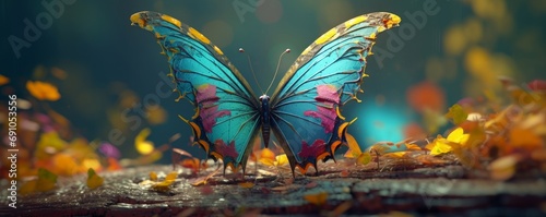 large stunningly beautiful fairy wings Fantasy abstract paint colorful butterfly sits on garden.The insect casts a shadow on nature.The insect has many geometric angles.3d  Generative AI 