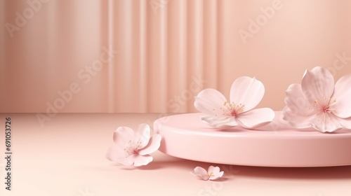 3D display, podium beige background. Pastel pink flower petals falling. . Nature minimal pedestal for beauty, cosmetic product presentation. Feminine copy space. Template stand., 