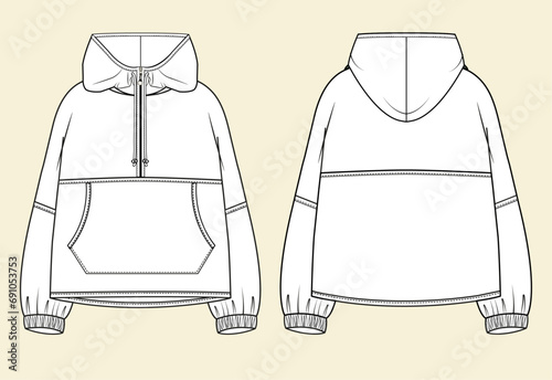 Hoodie with front zipper at the top. Unisex oversized sweatshirt. Vector technical sketch. Mockup template.