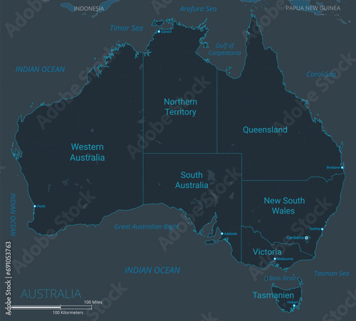 Australia Continent Map. High detailed map of Australia Continent with countries, borders, cities, water objects. Vector illustration EPS10
