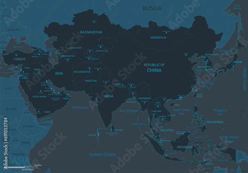 Asia Continent Map. High detailed map of Asia Continent with countries, borders, cities, water objects. Vector illustration EPS10